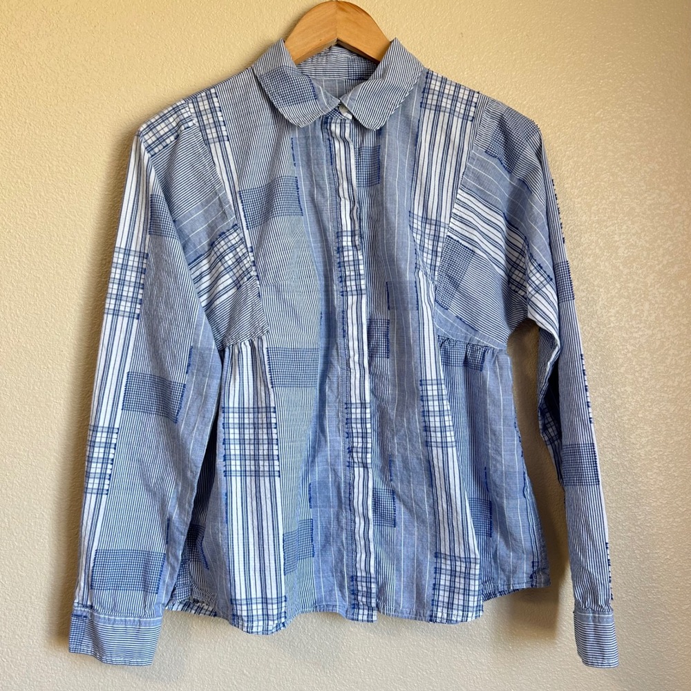 Vintage Anthropologie Shirt Size 2 Blue White Patchwork Quilt Striped Boho Beach - Picture 2 of 10